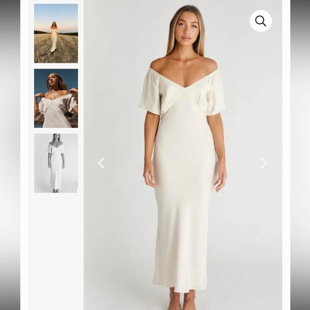 Off-Shoulder Cream Satin Maxi Dress - Picture 2 of 10